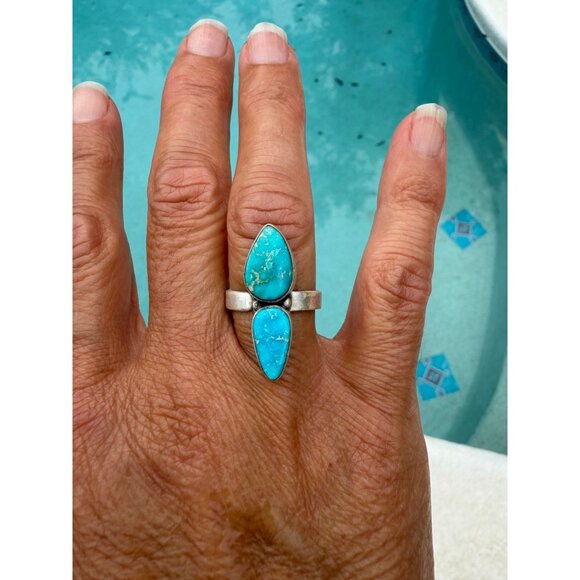 Blue Ridge Turquoise Sterling Silver   Southwestern Statement Ring Closed back - Picture 1 of 13